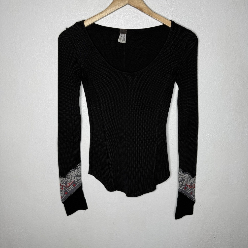 We The Free People Gray Bandana Cuff Long Sleeve Shirt Y2K Boho Women's XS